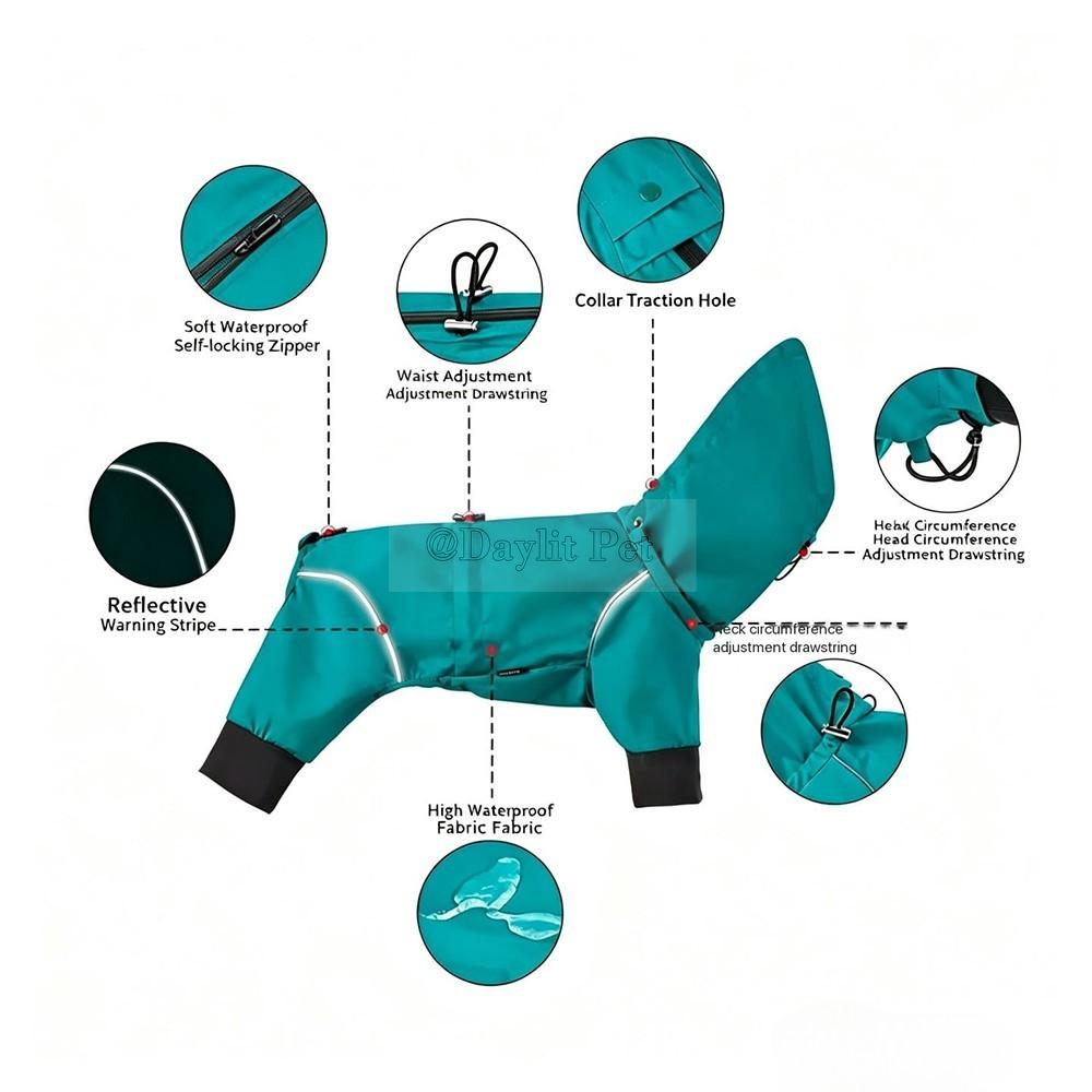 Waterproof Breathable Adjustable 4-Legged Dog Raincoat with Reflective Strips Custom Logo Available All Seasons