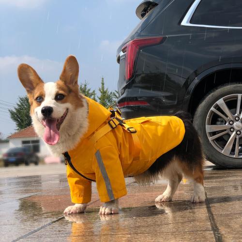 Waterproof Dog Raincoat With Harness Reflective Strip Hooded Pet Rain Jacket Adjustable Buckle Outdoor Dog Rain Coat