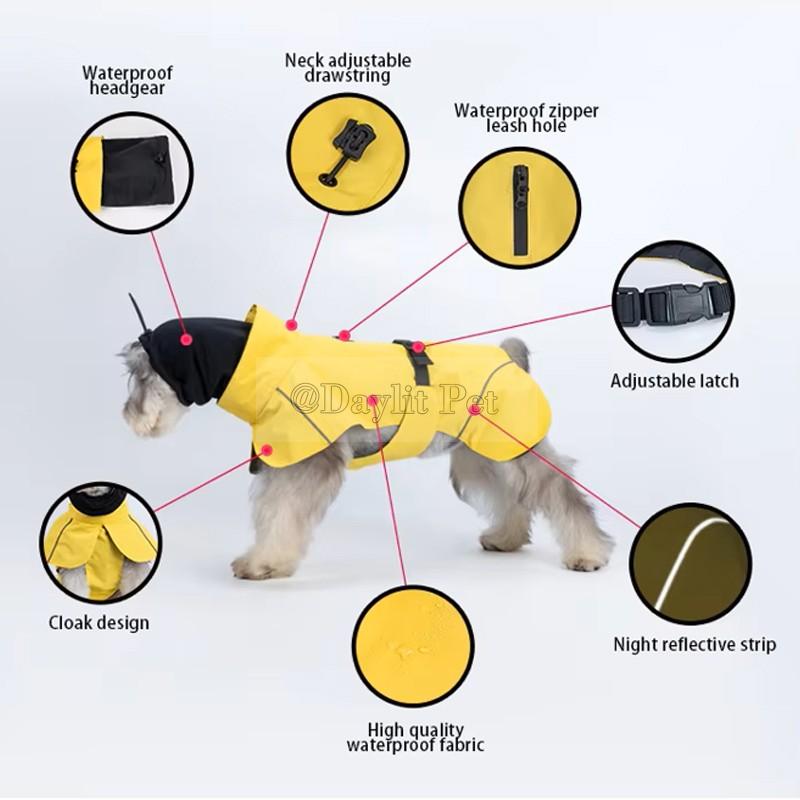 Waterproof Dog Raincoat With Reflective Strip Adjustable Drawstring Leash Hole Four Leg Dog Cloak Rain Coat