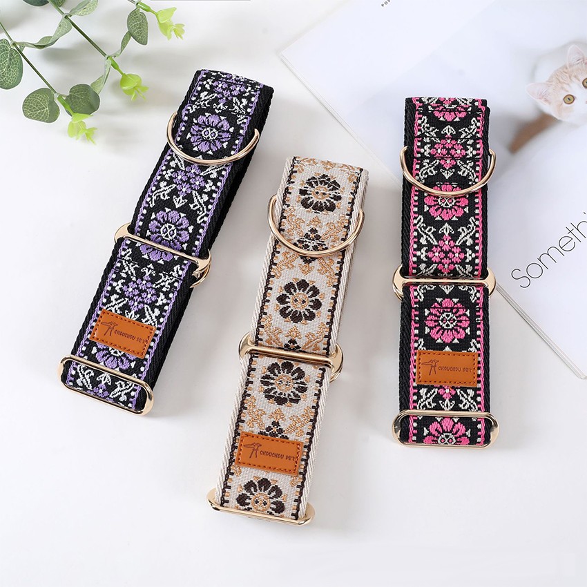 Bohemian Floral Wide Dog Collar Ethnic Jacquard Pet Neck Strap